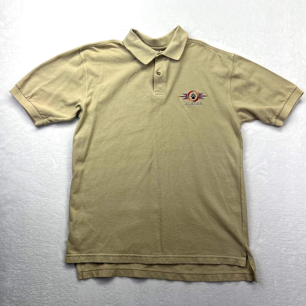 Oneita Polo Shirt Mens Large Tan Alaska Bear Paw Souvenir Vintage 90s Cotton